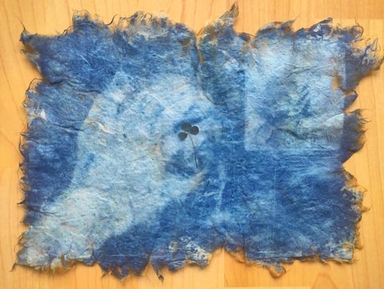 A cyanotype print on rag paper with ragged edges. Included abstractly in the print are a silhouette of a hand reaching into water, an archival image of dead fish, and a map of Ireland's natural gas exploration. There is a small clover inclusion at the centre of the print