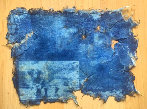 Similar print including an archival photograph of a person in a river testing dissolved oxygen, a map of a natural gas deposit in the Irish sea, and stacked graphics of milk pails.