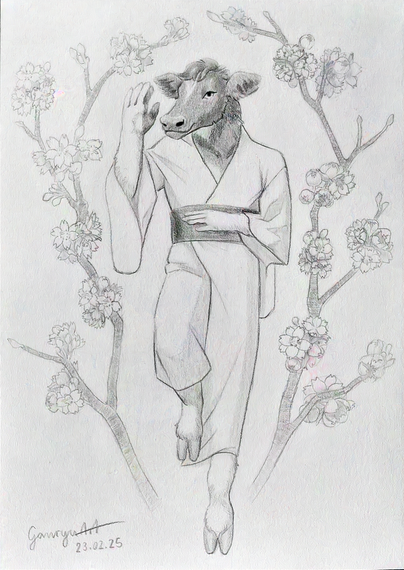 A full length portrait in pencil of an anthro cow laying on their back. They are dressed in a yukata. Around them are ornate blooming cherry twigs.