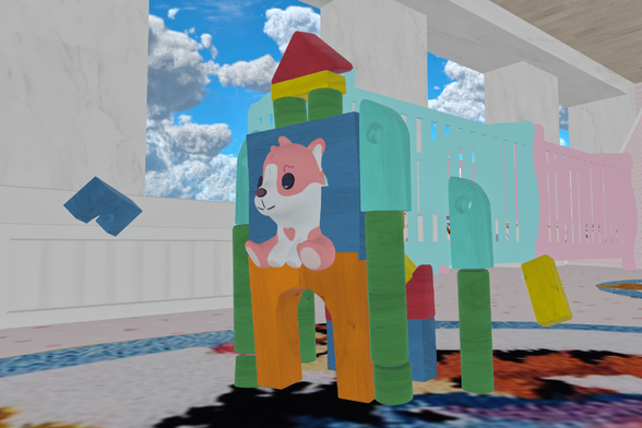 The image shows a structure built with colorful toy blocks. The structure resembles a dog, with a pink and white dog head on top of an orange and green body. Some blocks are scattered around the structure, suggesting it might be in the process of being built or deconstructed.