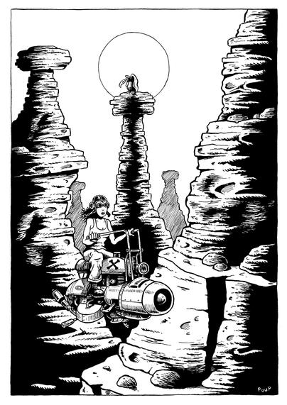 Une fille conduit une étrange machine volante aux allures rétrofuturistes, au milieu de montagnes arides. Au loin, sur un piton rocheux et se découpant sur le soleil, un oiseau reptilien semble l'observer. La fille l'a-t-elle vu ? Est-ce une menace ?

A girl pilots a strange, retro-futuristic flying machine amidst barren mountains. In the distance, on a rocky peak, silhouetted against the sun, a reptilian bird seems to be watching her. Has the girl seen it? Is it a threat?