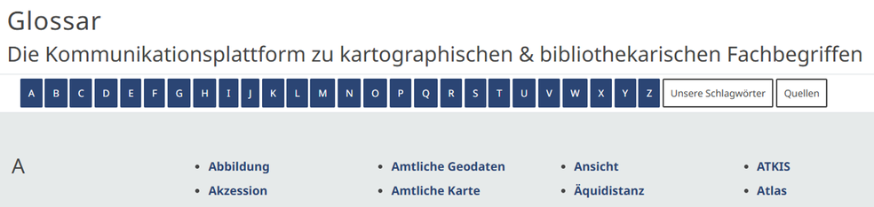 Alphabetisches Glossar mit über 150 kartographischen und bibliothekarischen Fachbegriffen mit Kommentarfunktion