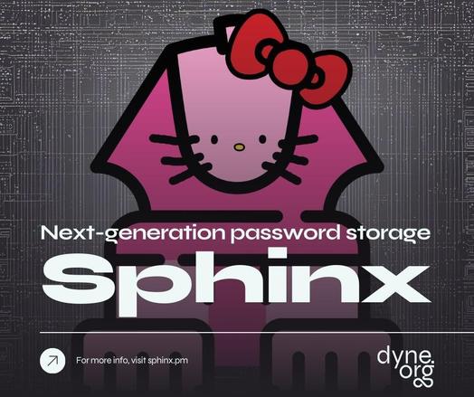 A sphinx looking like misskitty. It is pink on a grey background. Over her the text: "Next-Generation password Storage, Sphinx. For more info visit sphinx.pm" The dyne logotype is visible in the lower right corner