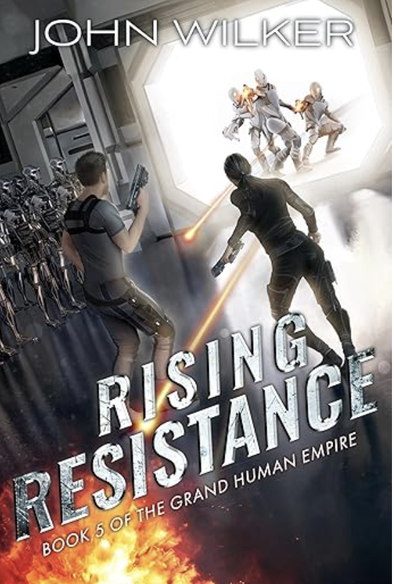 book cover. A man and woman are fighting with a group of aliens through a doorway of a spacecraft or space station, a row of metal robots in a row to the side