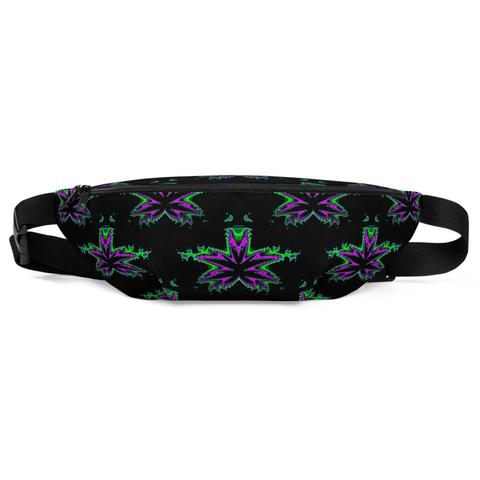 The front of a black fanny pack with a repeating pot leaf pattern. The cannabis leaves are black and surrounded by shades of neon pink, green, and blue.