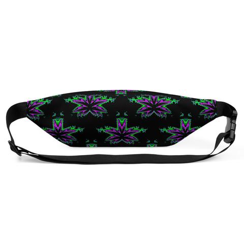 The back of a black fanny pack with a repeating pot leaf pattern. The cannabis leaves are black and surrounded by shades of neon pink, green, and blue.
