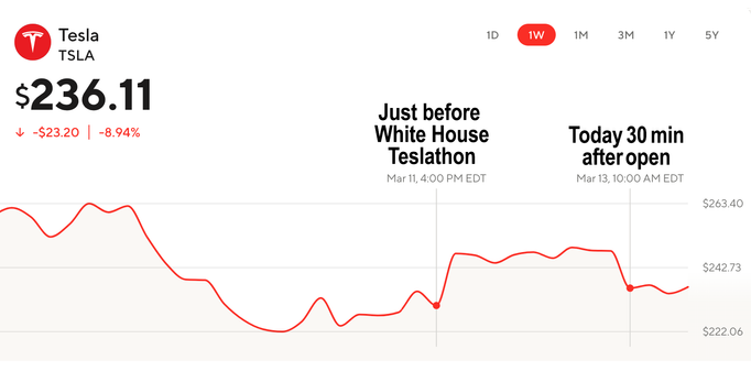 Tesla stock graph showing price just before White House Teslathon ($230.50) and less than two days later ($236.11), down from bump price of mid-$240s.