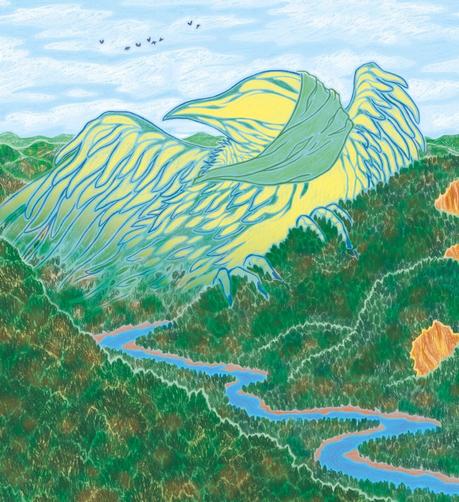 A massive translucent bird rests upon a rolling landscape, its body blending seamlessly with the surrounding nature. Its outstretched wings merge with the terrain, while its plumage, in shades of yellow and blue, appears almost ethereal. Its gaze is concealed by a wide green membrane that partially covers its face. Around it, a dense forest stretches across the hills, intersected by a winding river reflecting hues of blue and orange. In the sky, a few smaller birds soar in the distance. This winged giant is part of a world where colossal beings, both animal and humanoid, coexist with the natural world, forming an integral part of its balance and harmony.