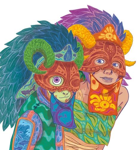 Two characters stand side by side, wearing intricately crafted masks that cover the upper half of their faces. These masks, adorned with organic patterns and finely carved details, are crowned with imposing horns and feature elaborate engravings.
One of them wears a copper-toned mask with yellow horns, complemented by an orange fabric bearing a bird symbol. The other wears a similar mask, but with green horns and a blue fabric decorated with a marine-inspired pattern. Voluminous fringes in bright shades—blue and green for one, purple and blue for the other—flow from beneath their masks, enhancing their distinctive appearance. Their garments are composed of fabric with plant-like motifs and armor pieces with engraved details, evoking a world deeply inspired by nature.
