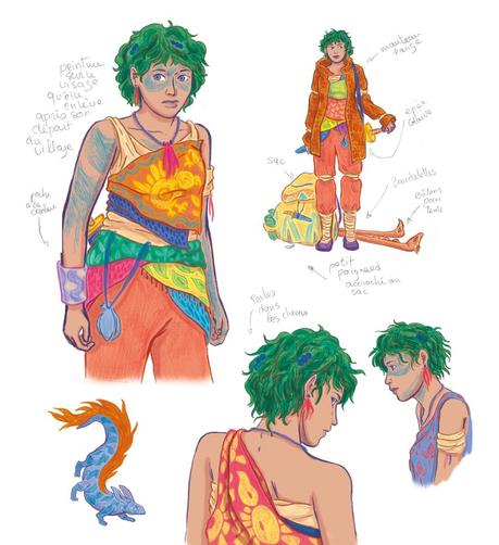 This illustration showcases several studies of the heroine from the graphic novel currently in development. The drawings explore different expressions and postures, along with annotations detailing her clothing and accessories. She has wavy green hair and, in one of the portraits, wears blue facial paint, suggesting it is part of her culture.
Her outfit consists of multiple pieces of colorful fabric with varied patterns, wrapped around her waist and torso. She wears a belt equipped with a small pouch and a dagger, as well as bandages wrapped around her arms and legs. Alongside her, a small blue dragon with a salamander-like appearance is depicted. This visual emphasizes her nomadic aesthetic and the diversity of her textile adornments. The drawings are made with black pencils and digitally colorized.