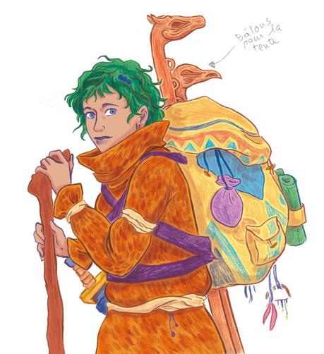 This portrait of the heroine depicts her equipped for a long journey. Her large orange coat protects her body and contrasts with the yellow tones of her voluminous backpack, which is decorated with geometric blue patterns and adorned with various accessories. Attached to the bag, a dagger, several small pouches, and sculpted sticks meant for setting up a tent can be seen.
Her expression is both determined and attentive, reflecting her adventurous spirit. The illustration highlights the intricate details of her gear, emphasizing her self-sufficiency and the richness of her visual universe.