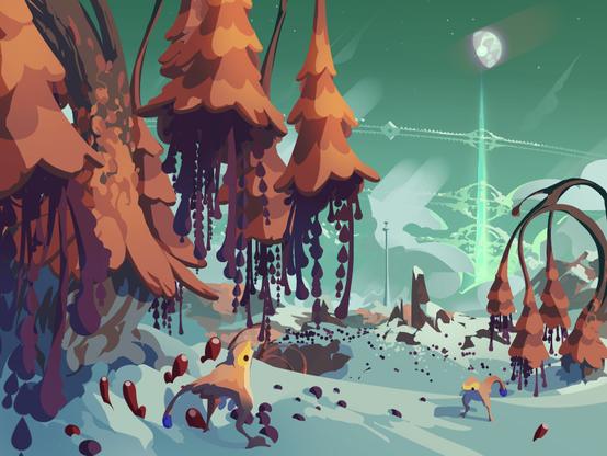 a serene of a 'tundra jungle' world, in a bit of a sparce area in terms of the local foliage. vibrant 'inverted firs' dot the snowy hills, with raptor lifeforms running around in their natural habitat, unaware of the immense constructions that presences beyond their comprehension use in their every day lives.