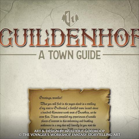 Close up of the first page of the Guildenhof Town Guide with a title and a calligraphed welcome from the author written on a piece of parchment.
