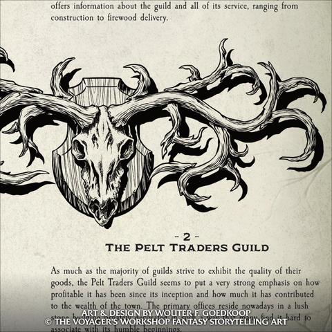 Closeup of the book layout featuring a hand drawn ink illustration of a skull of a fantasy, elk-like creature with very large antlers.