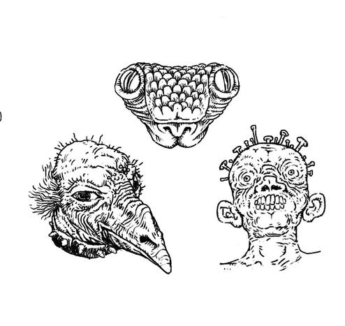 Drawing of the heads of 3 dermons, one snake, one with a beak, one with nails on his head