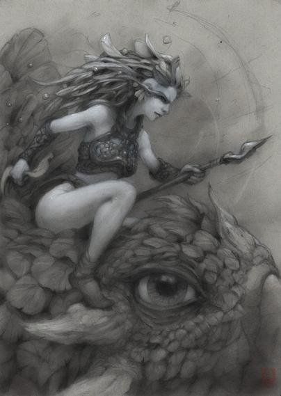 Pencil drawing with white pastel of  a powerful female warrior riding a majestic bird, holding a spear. The artwork captures strength and freedom through dynamic poses and vibrant details.
