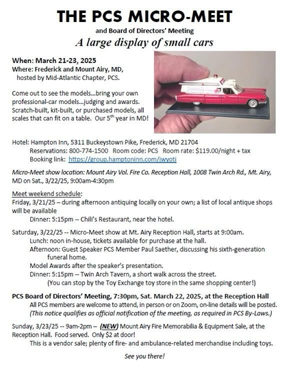 A page showing the itinerary of the Professional Car Society’s Micro Meet that is coming up next weekend 03/22/2025.