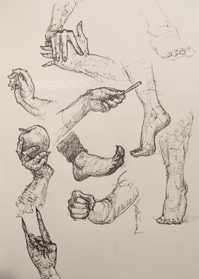 Black Fineliner on paper

Various sketches of hand and feet, f.e. one hand holding an apple, another something straw-like, two hands holding each other.