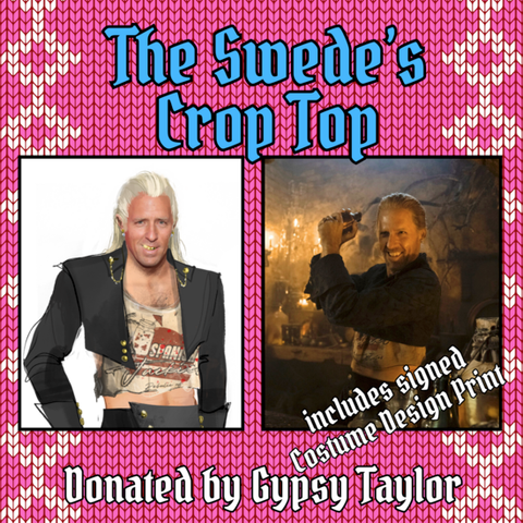 Picture of a flash auction item donated by Gypsy Taylor: The Swede's Crop Top. There is a design drawing of The Swede's costume, showing a Spanish Jackie'z branded crop top and an even shorter cropped black jacket. Next to it is a photo of Nat Faxon as The Swede wearing the same outfit while mixing a cocktail at Jackie's bar. 'Includes signed costume design print!' is written at the bottom of the photo.