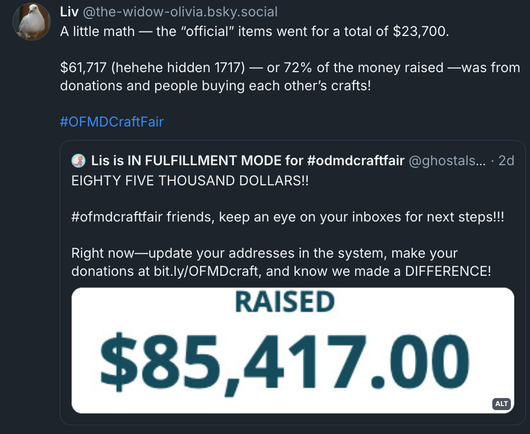Bluesky post by Liv (@ the-widow-olivia.bsky.social‬): 'A little math — the “official” items went for a total of $ 23,700. $ 61,717 (hehehe hidden 1717) — or 72 % of the money raised — was from donations and people buying each other’s crafts! # OFMDCraftFair'. Liv quoted a post by @ GhostalService.bsky.social, which reads: 'Eighty five thousand dollars!! OFMD Craft Fair friends, keep an eye on your inboxes for next steps!!! Right now — update your addresses in the system, make your donations at bit.ly/OFMDCraft, and know we made a difference!' The quoted post also includes a screenshot of the amount raised ($ 85,417).