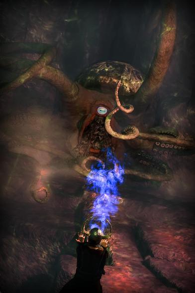 A fantasy sorcerer summons a tentacle monster (Shub-Niggurath) from the depths of a Cthulhian nightmare.