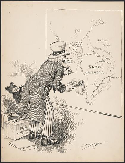 “Summary: Uncle Sam and Teddy bear [Theodore Roosevelt] mapping trade routes around South America.”