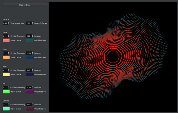 Screenshot of software with buttons for various colours and settings on the left, and the EEG/FFT display on the right. It consists of dots forming ever changing concentric rings in differing shapes and colours.