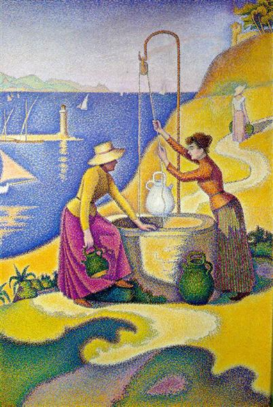 A painting that combines Neo-Impressionism with Pointillism. On a sun-bleached rise over the sea, two women (one in a hat and magenta skirt, the other hatless with brown blouse and olive skirt) stand by a well, facing each other and obviously in conversation. Magenta Skirt rests one hand on the well edge and with the other holds a water jug. Olive Skirt is holding the ropes that lower the bucket into the well. Behind them, on a winding path, another woman (hat, white blouse, pink skirt) walks away with a jug in each hand. The grass is a pale yellow-green, but some plants and trees are dark green. A hill rises to the right, with some buildings to be seen at the top. On the left, the sea extends out, with some sailboats, a lighthouse, and distant mountains to be seen.
