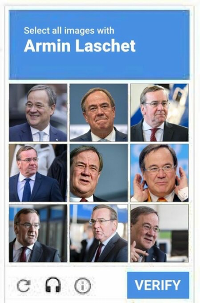 Captcha mit der Überschrift „Select all images with Armin Laschet“ und neun Bildern von Armin Laschet bzw. Boris Pistorius.