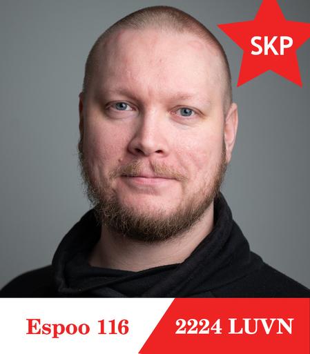 Vaalikuva jossa meikäläisen pärstä. Pärstän yllä killuu SKP:n tähtilogo. Pärstän alla lukee vaalinumeroni, Espoolle 116 ja LUVNille 2224.