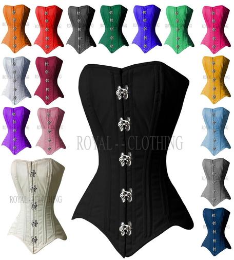 An assortment of colourful overbust corsets with classic front hooks