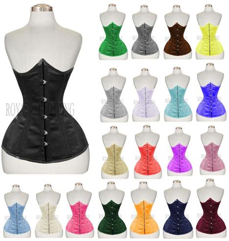 A selection of colourful, long underbust corsets.