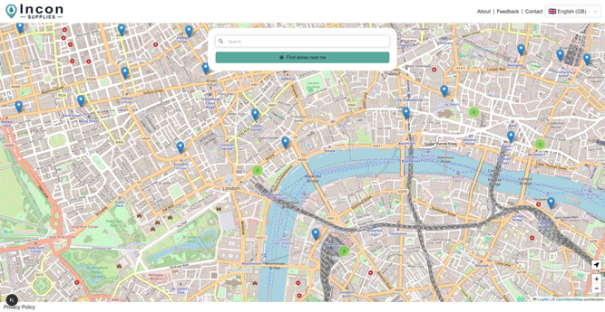 Desktop layout of my InconSupplies project, showing a map of London with a number of markers on it