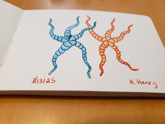Hand drawn generative/procedural art in ink on an open page of my sketchbook. The abstract pattern looks a bit like two starfish dancing with joy.