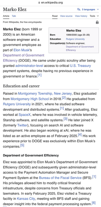 Screenshot from Wikipedia article pertaining to DOGE worker Marko Elez.