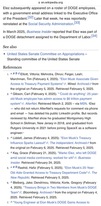 Screenshot from Wikipedia article pertaining to DOGE worker Marko Elez.