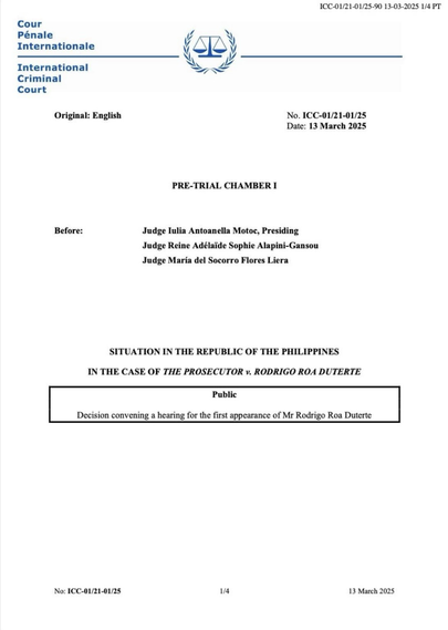 ICC document stating Duterte Pre-Trial today March14,2025