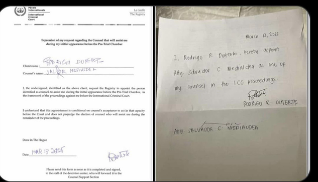 ICC document confirming Madialdea as Duterte’s Counsel and written consent of Duterte appointing Madialdea as his Counsel