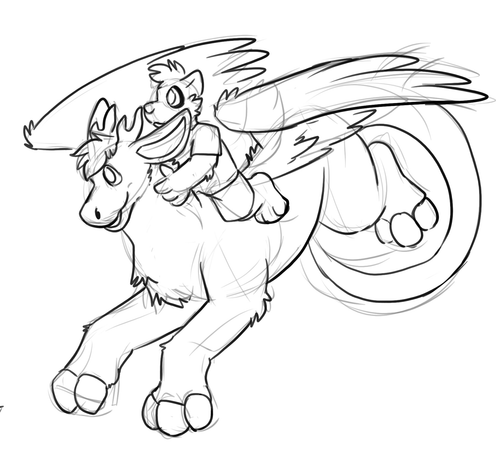 Peppi the Donkey Durg flies through the sky, with Brisket the Raccoon riding on their back.