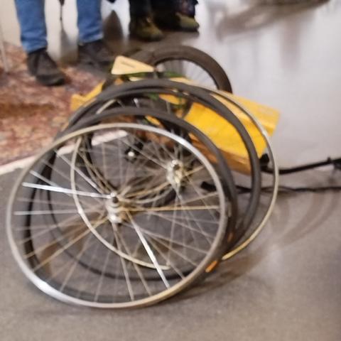 Foto eines Fahrradanhängers mit Felgen und Reifen davor.