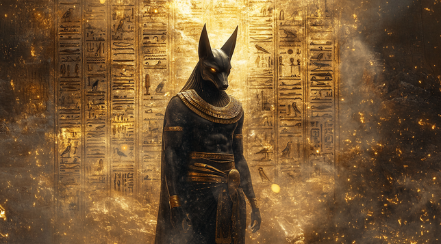 Gardien Divin.
Représentation majestueuse d'Anubis, le dieu égyptien des morts, debout dans une ambiance dorée et mystique, entouré de hiéroglyphes et de lumière sacrée.
Majestic depiction of Anubis, the Egyptian god of the dead, standing in a golden and mystical atmosphere, surrounded by hieroglyphs and sacred light.