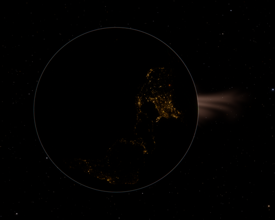 A picture of the night side of earth... With the atmosphere lit up on all sides like a sunset encircling the globe... And a solar prominence shoots out from behind the right side of the Earth.