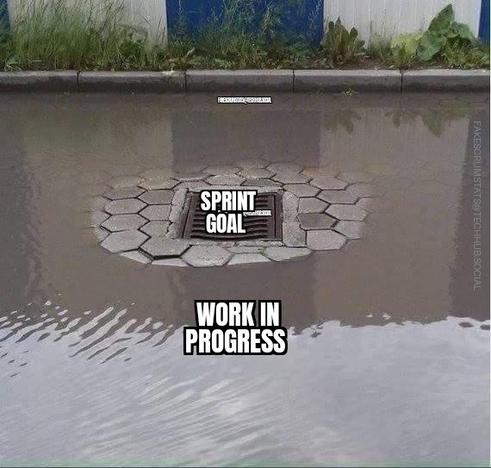 Picture of a cobblestone driveway under water except for the drain. The area around the drain is slightly elevated, preventing the water from reaching it.

The water is labeled work in progress and the drain is labeled sprint goal