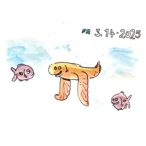 Drawing of two small, purple fishes. There is a third, larger fish between them, which is of orange colour. The overall shape of the orange fish in the center resempbles the greek letter π („pi“). In the top right corner of the image I wrote the date „Fr 3. 24•2025“.