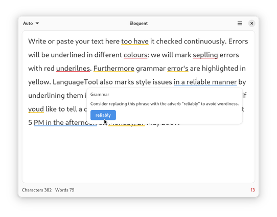 Screen shot of the Eloquent app, showing a text  in an input field with a lot of grammar and spelling mistakes.