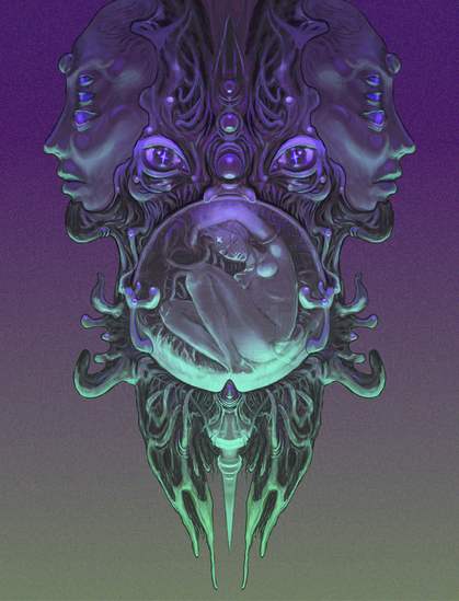 A humanoid sleeps, curled in an orb that is guarded by cosmic eyes and watching faces, in a style inspired by visionary and speculative art