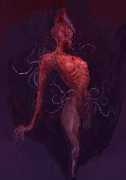 A cosmic horror painting of a demon with tendrils emerging from flesh cavities