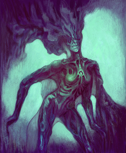 A digital painting of a surreal demon bearing out of a cave, rendered in acid green and violet