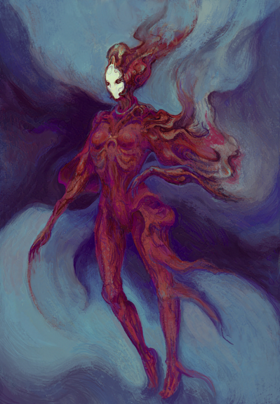 a painterly vision of a masked cosmic horror being, her red flesh surreally entwined with lyrical ethereal violet clouds.