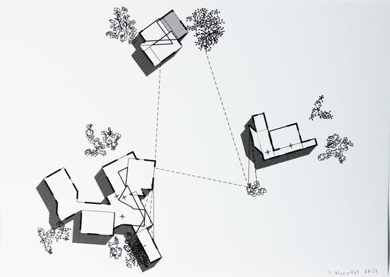 impossible architecture plotter drawing with three generated floor plans in a tight configuration. the floor plans are nonsense